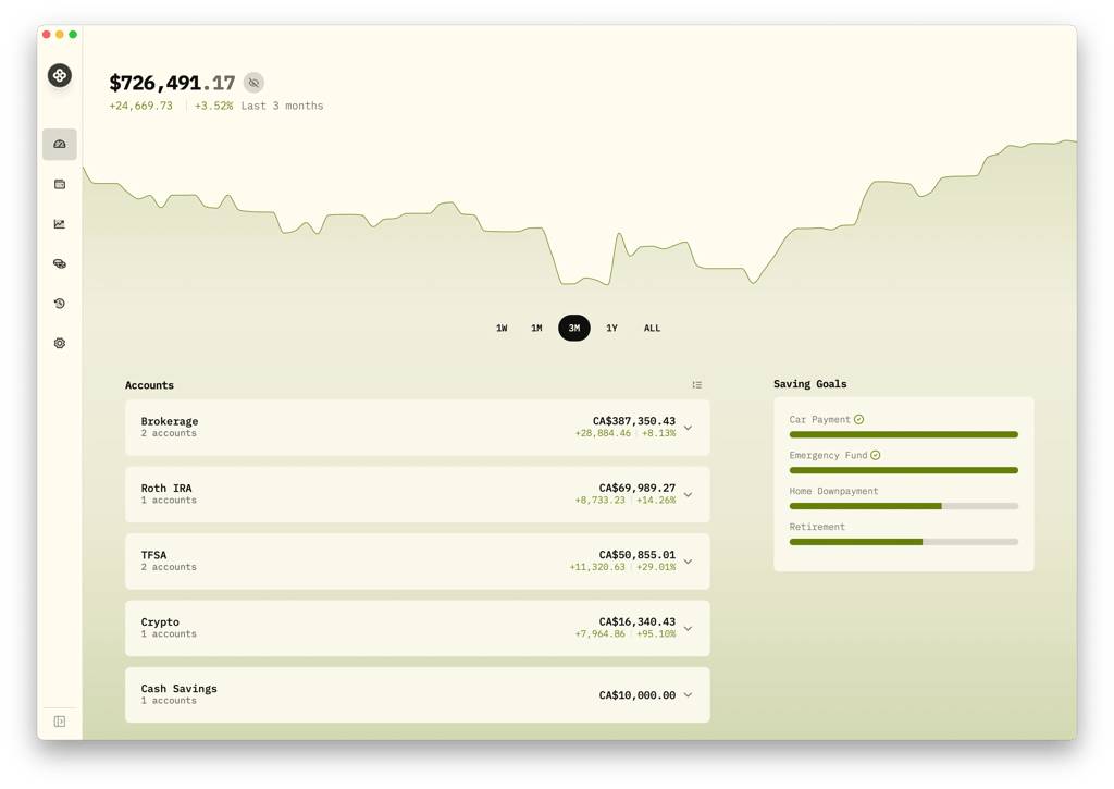 Screenshot of the Wealthfolio desktop portfolio tracker home dashboard, showing portfolio market value, history chart, and accounts performance.