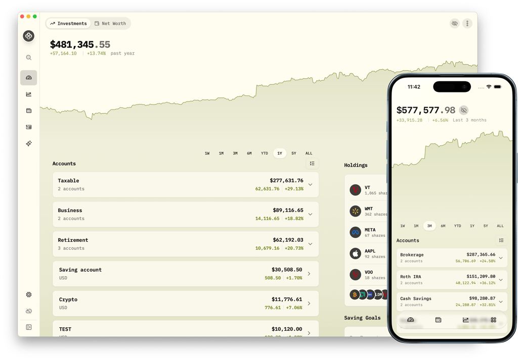 Screenshot of the Wealthfolio desktop portfolio tracker home dashboard, showing portfolio market value, history chart, and accounts performance.