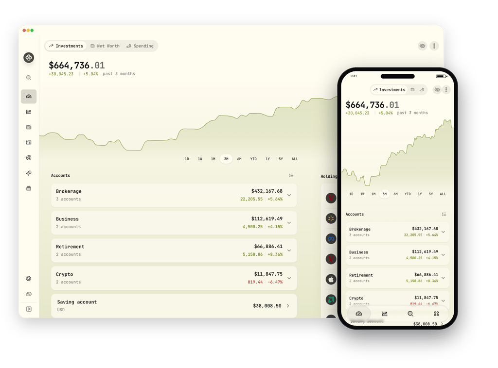 Wealthfolio investments dashboard showing portfolio holdings, performance, and allocation across all your accounts.