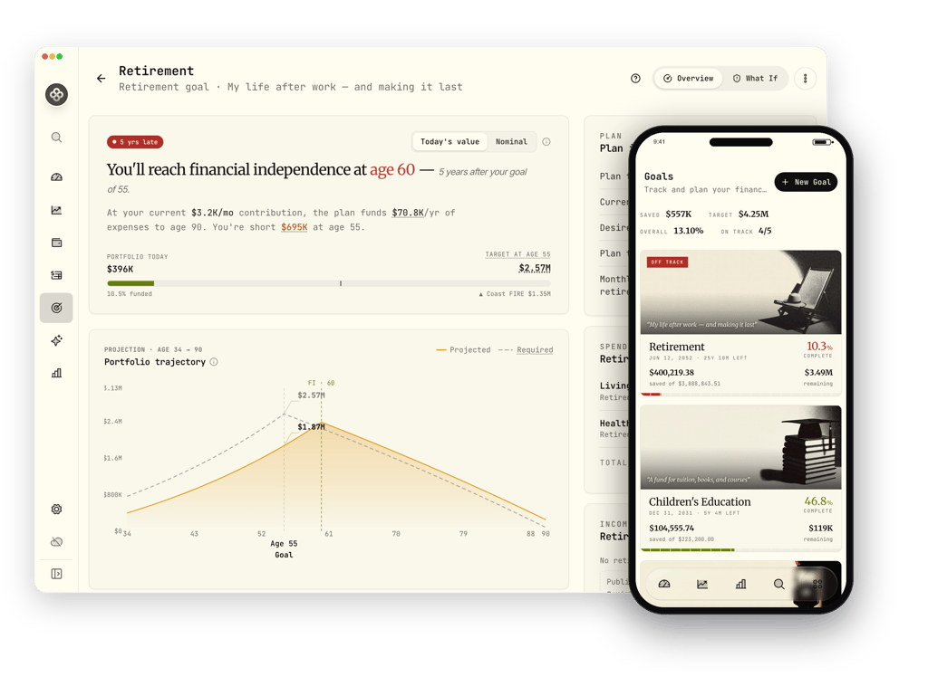 Wealthfolio planning dashboard showing a retirement plan with a portfolio trajectory projection, alongside the goals list on mobile.