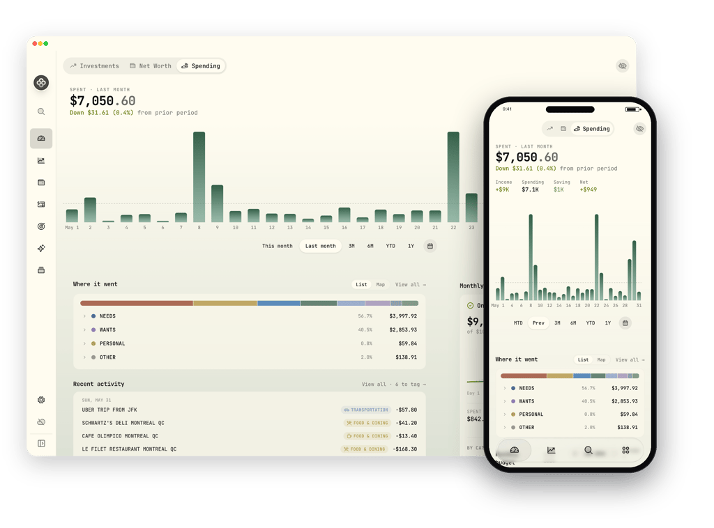 Wealthfolio spending dashboard breaking down cash flow and expenses by category.
