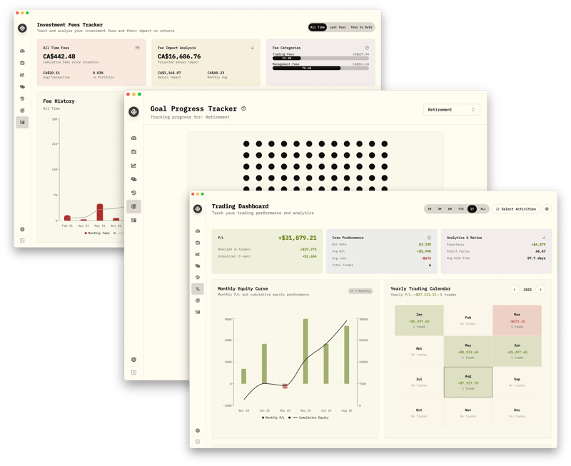 Wealthfolio Add-ons showcase featuring Investment Fees Tracker, Goal Progress Tracker, and Stock Trading Tracker