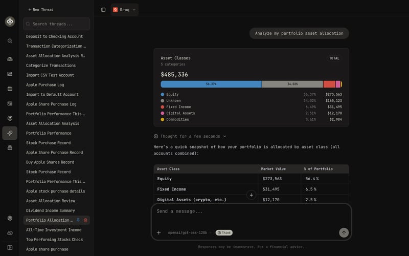 AI assistant chat with portfolio-aware answers and tool results