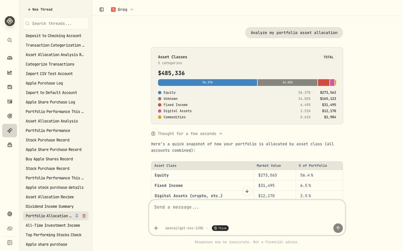 AI assistant chat with portfolio-aware answers and tool results