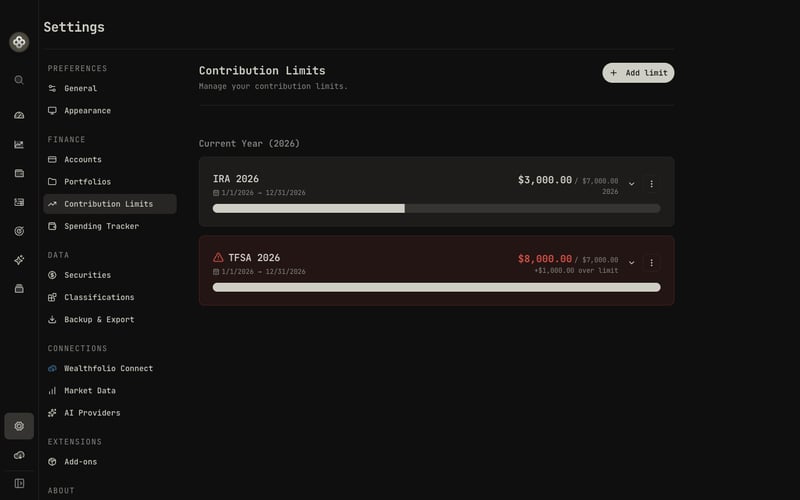 Contribution room tracker with used vs. available limits