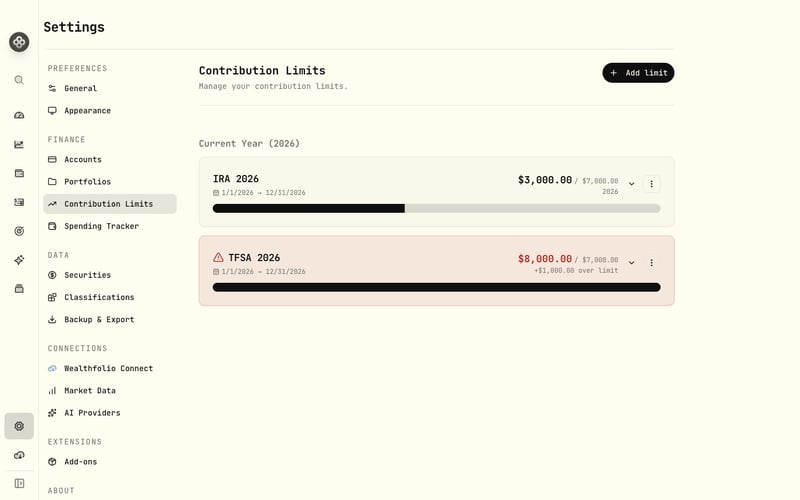 Contribution room tracker with used vs. available limits