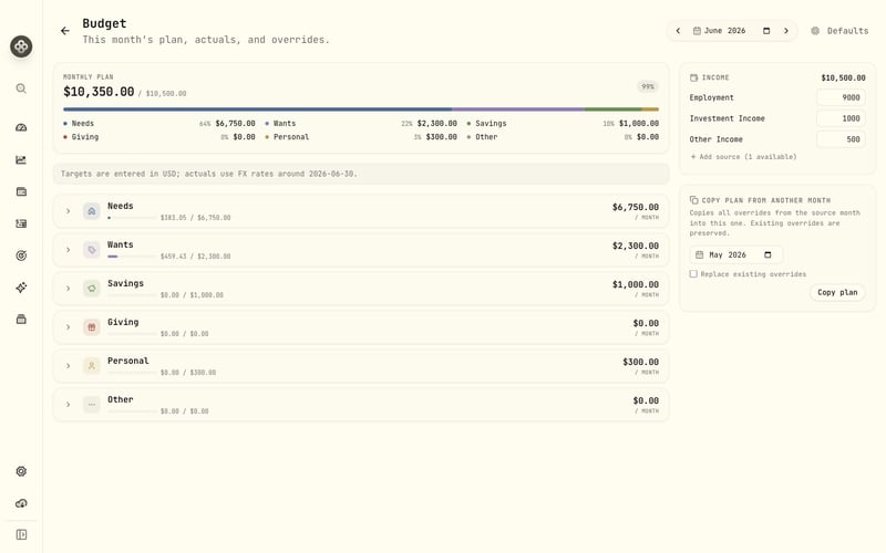 Budget editor with groups, targets, and rollover settings