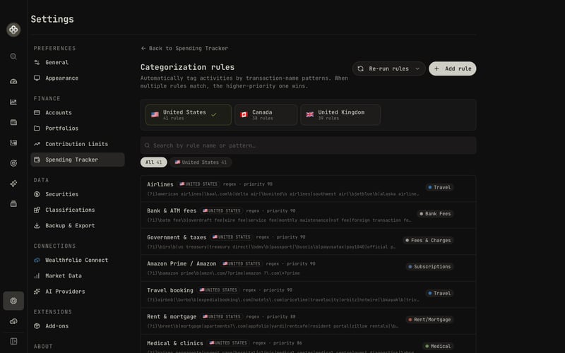 Categorization rules with match types and presets