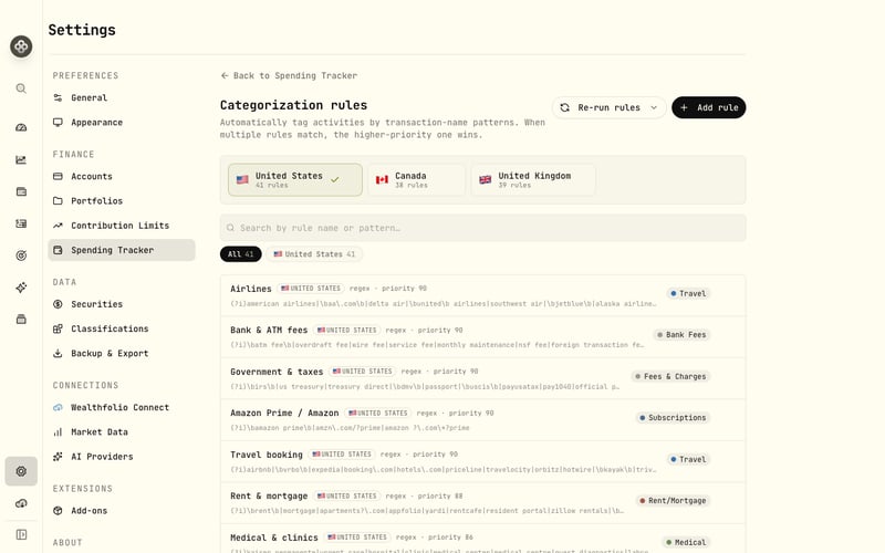 Categorization rules with match types and presets